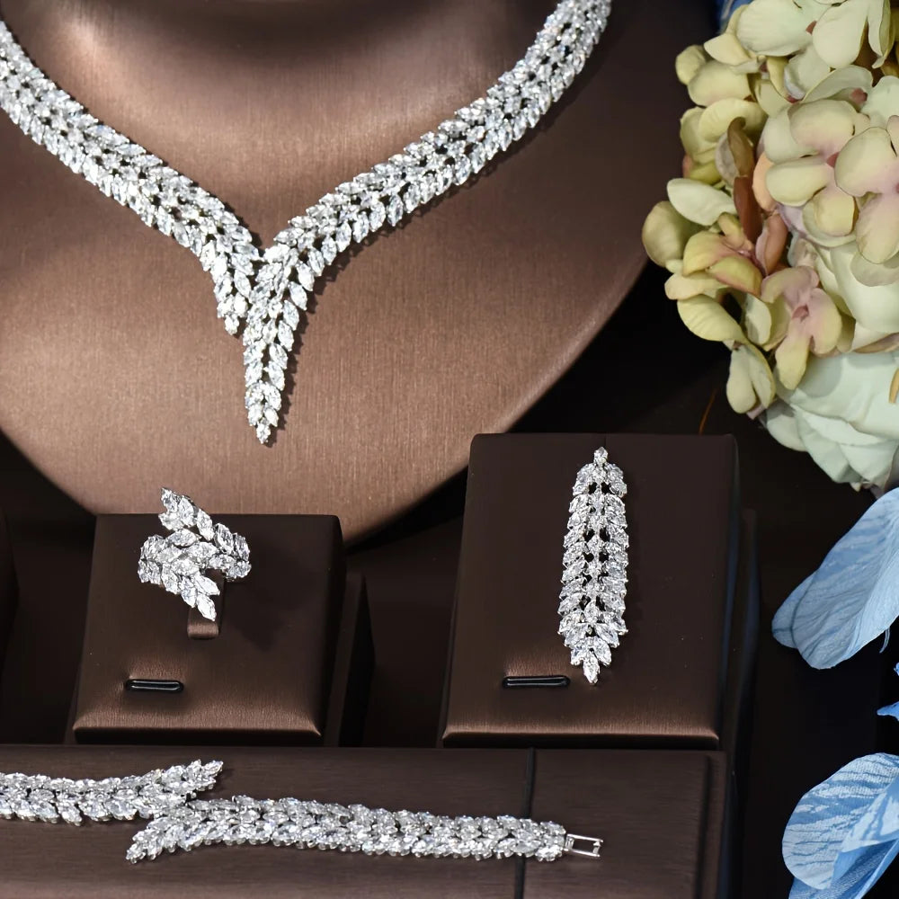 Unique Brilliant Cubic Zirconia Wedding Jewelry Set For Women Geometric African Luxury Bride 4 Piece Holiday Dress S-339
