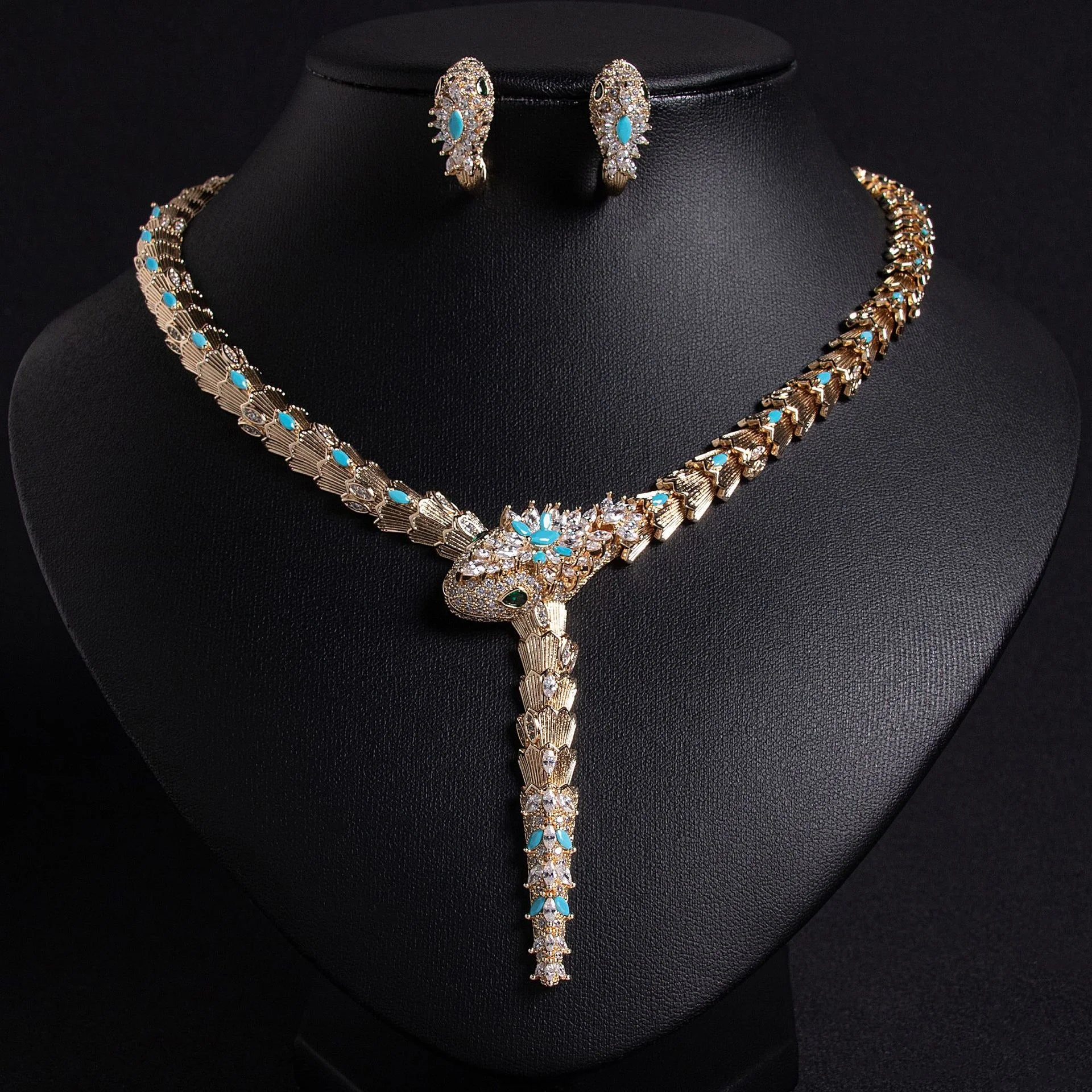 Cross border Fashion Micro inlaid Zircon Serpentine Necklace Earrings Jewelry Set Banquet High Ding Spirit Snake Xiang Jewelry E  ⬆ Page price