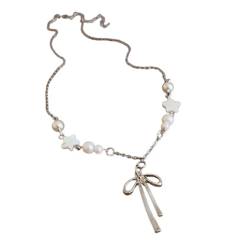 Trendy Pearl Beaded Pearl Ribbon Bowknot Necklace for Women Simple Star Bow Tassel Chokers Elegant Clavicle Chain Party Jewelry