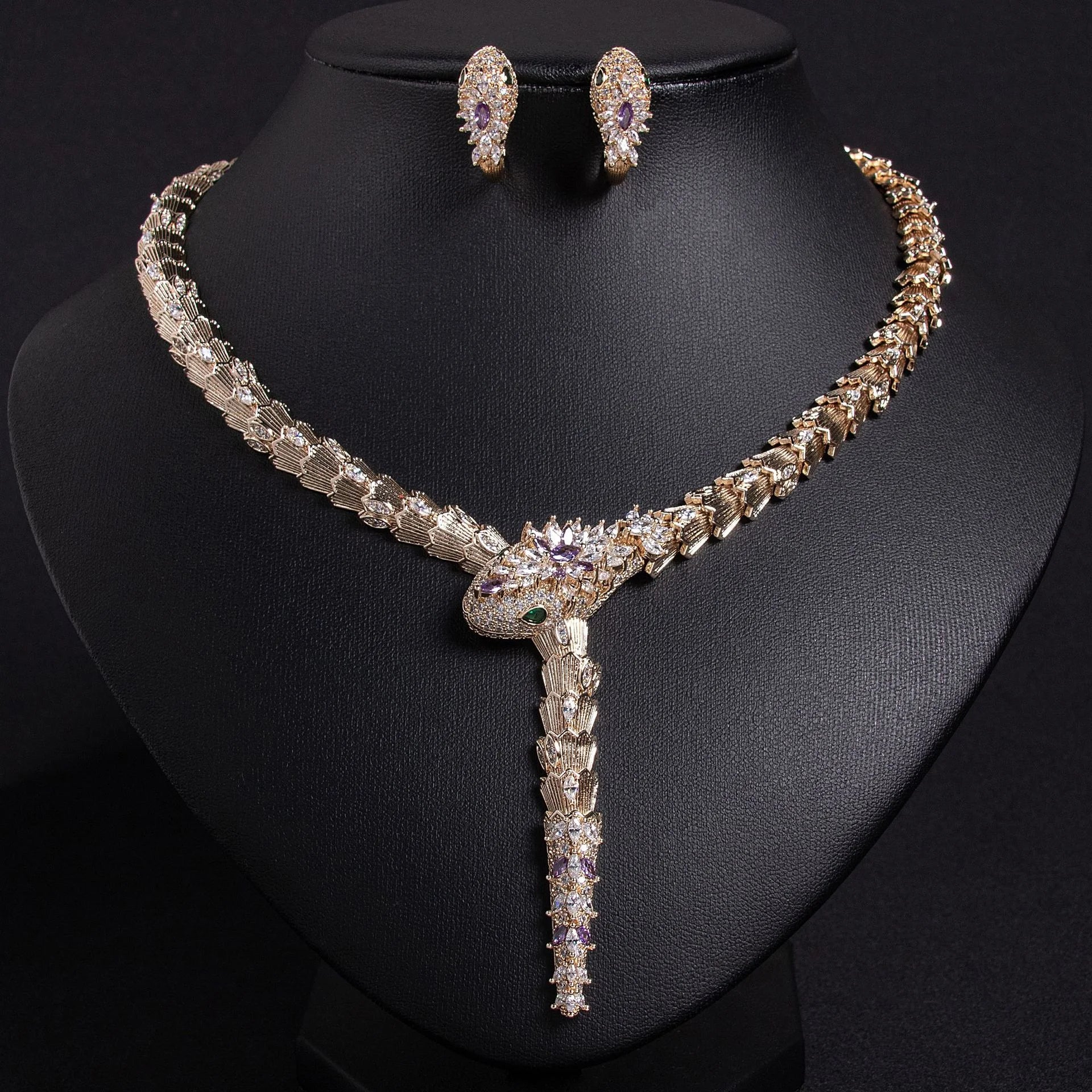 Cross border Fashion Micro inlaid Zircon Serpentine Necklace Earrings Jewelry Set Banquet High Ding Spirit Snake Xiang Jewelry E  ⬆ Page price