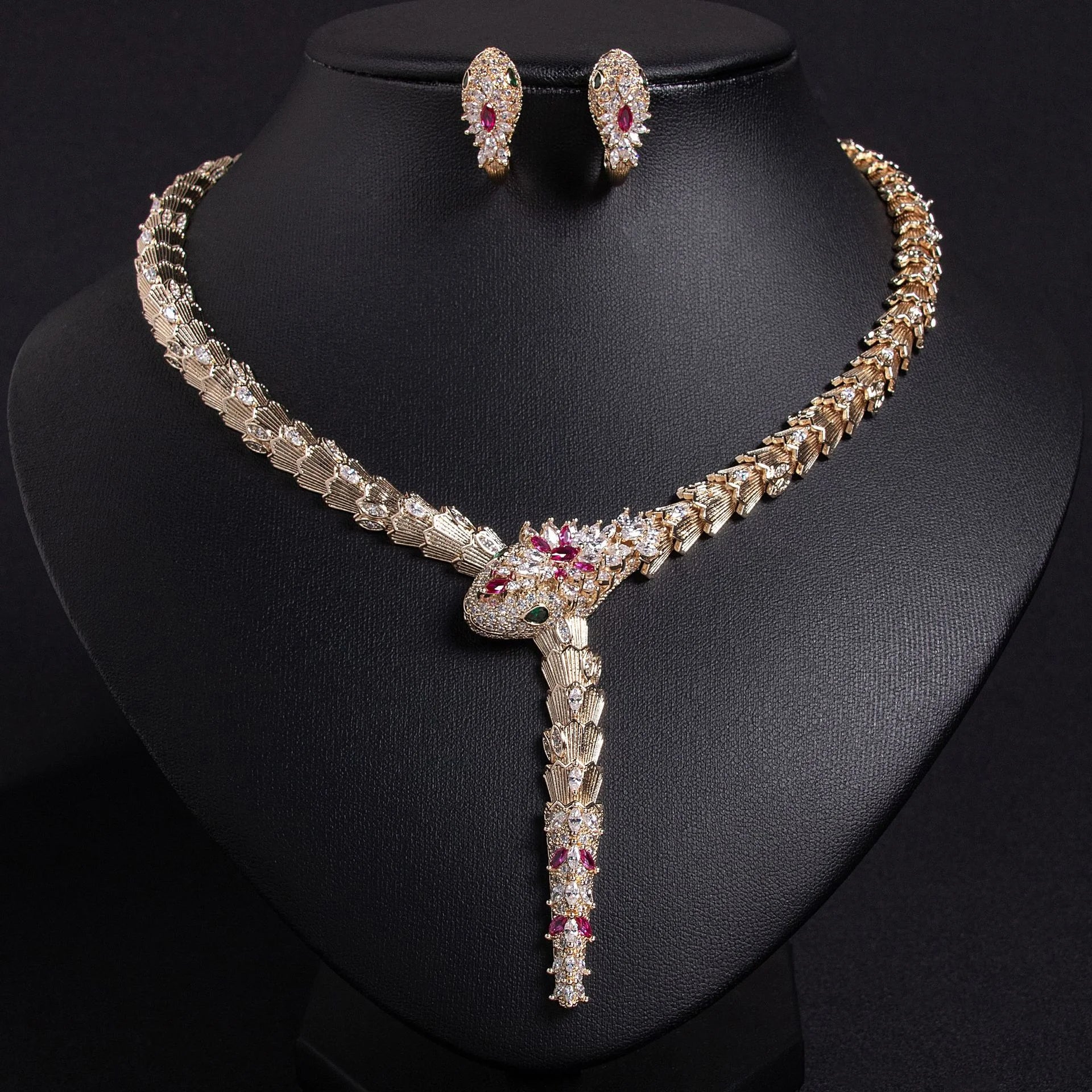 Cross border Fashion Micro inlaid Zircon Serpentine Necklace Earrings Jewelry Set Banquet High Ding Spirit Snake Xiang Jewelry E  ⬆ Page price