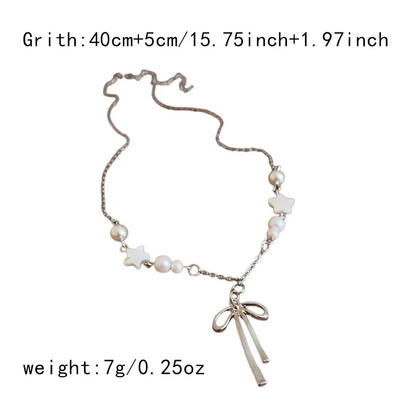 Trendy Pearl Beaded Pearl Ribbon Bowknot Necklace for Women Simple Star Bow Tassel Chokers Elegant Clavicle Chain Party Jewelry