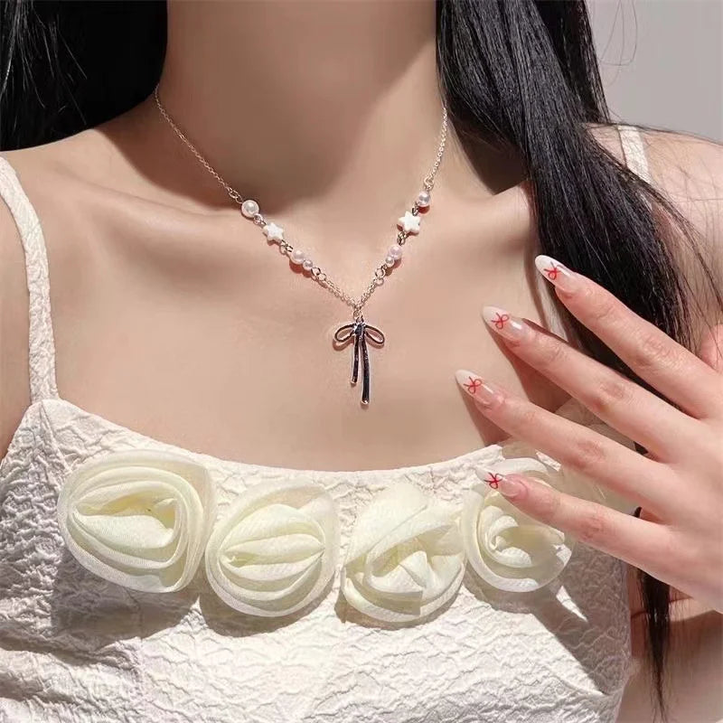 Trendy Pearl Beaded Pearl Ribbon Bowknot Necklace for Women Simple Star Bow Tassel Chokers Elegant Clavicle Chain Party Jewelry