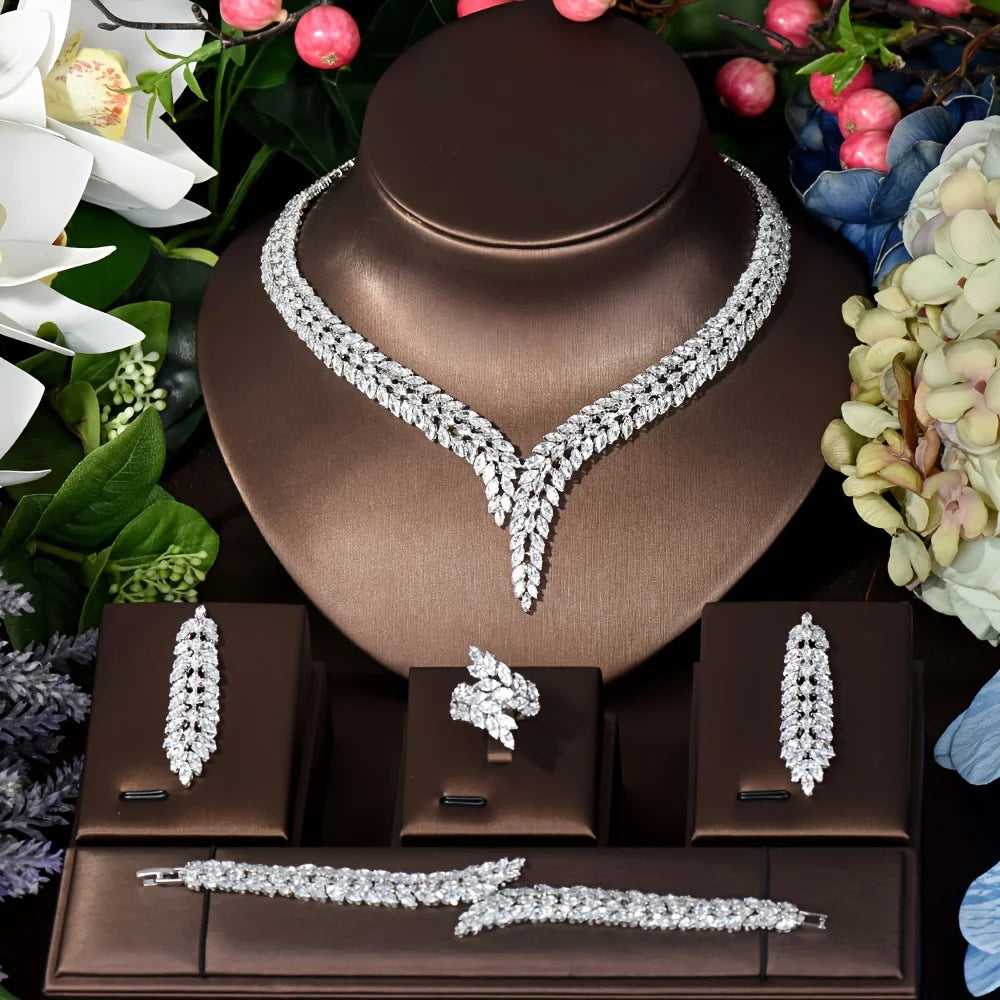 Unique Brilliant Cubic Zirconia Wedding Jewelry Set For Women Geometric African Luxury Bride 4 Piece Holiday Dress S-339