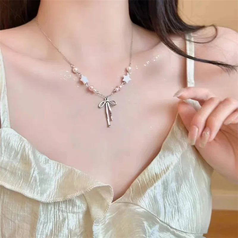 Trendy Pearl Beaded Pearl Ribbon Bowknot Necklace for Women Simple Star Bow Tassel Chokers Elegant Clavicle Chain Party Jewelry