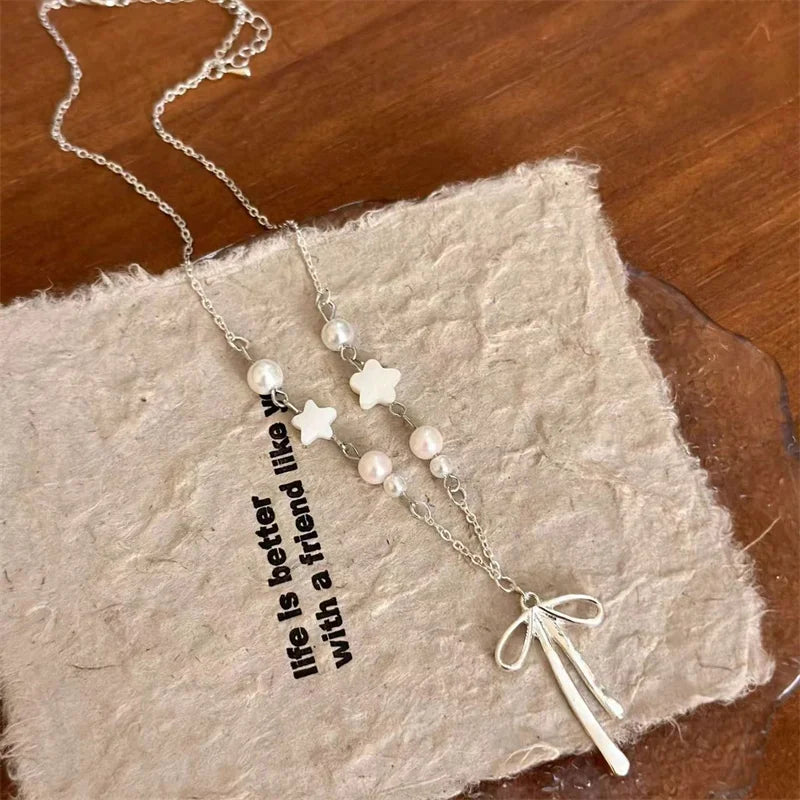 Trendy Pearl Beaded Pearl Ribbon Bowknot Necklace for Women Simple Star Bow Tassel Chokers Elegant Clavicle Chain Party Jewelry